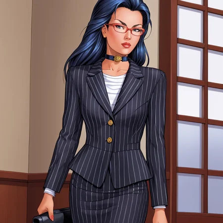 <lora:Shi_pony_v1:.75> Shi, 1girl, long hair,  retro artstyle, blue hair, 1990s (style), 1980s (style), cowboy shot,  <lora:0856 OL professional suit skirt 1_v1_pony:1> ruanyi0856,striped jacket,choker,black pantyhose,striped skirt,glasses,black skirt,pinstripe pattern