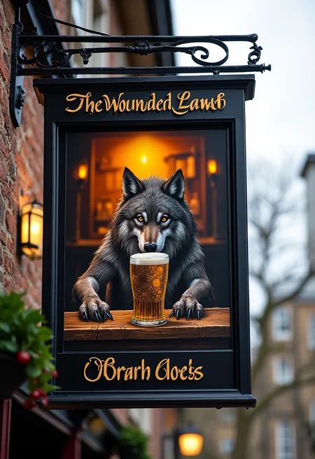 A traditional English pub sign, The image on the sign shows a werewolf peering over the bar, trying to order a pint, the text at the top says "The Wounded Lamb".