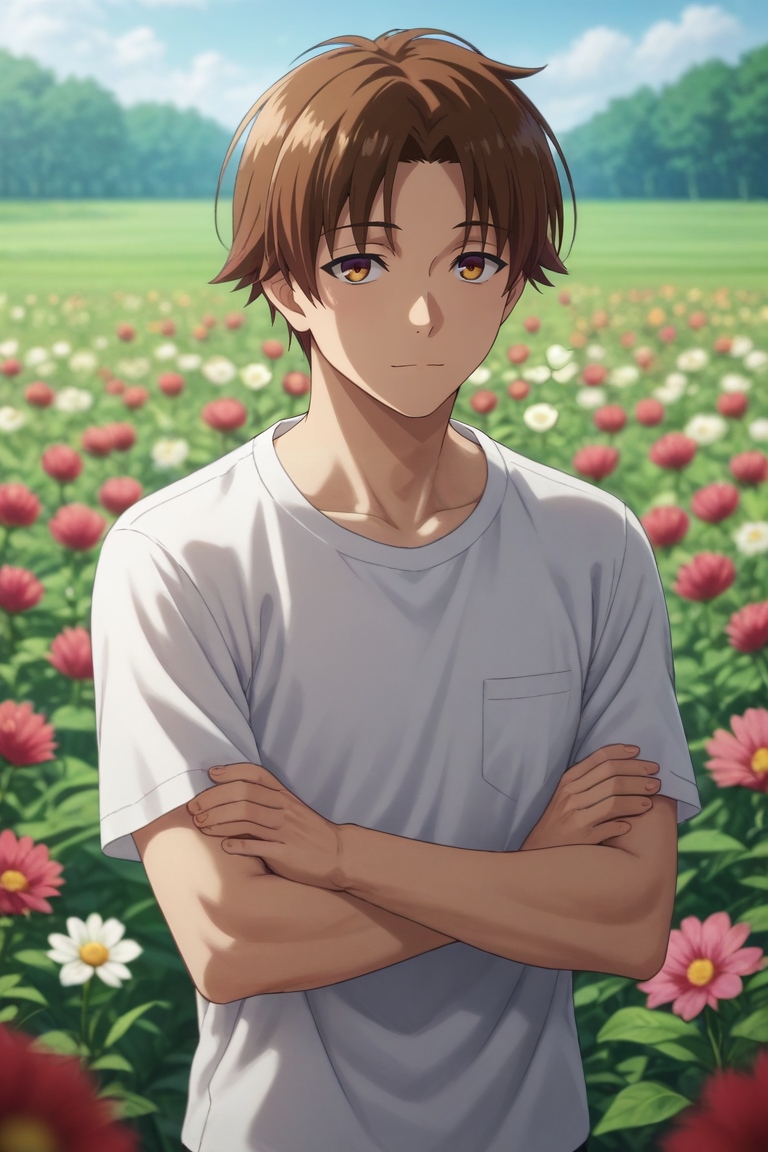 score_9, score_8_up, score_7_up, source_anime, rating_safe, , (photorealistic:0.6), , depth of field, 1boy, solo, male focus, <lora:kiyotaka_ayanokouji_pony:0.86>, kiyotaka_ayanokouji, brown hair, brown eyes, short hair, bangs, parted bangs, asymmetrical, flower field, flowers, night, crescent moon, arms under breasts, light smile, , <lora:sdxl_lightning_8step_lora:1>