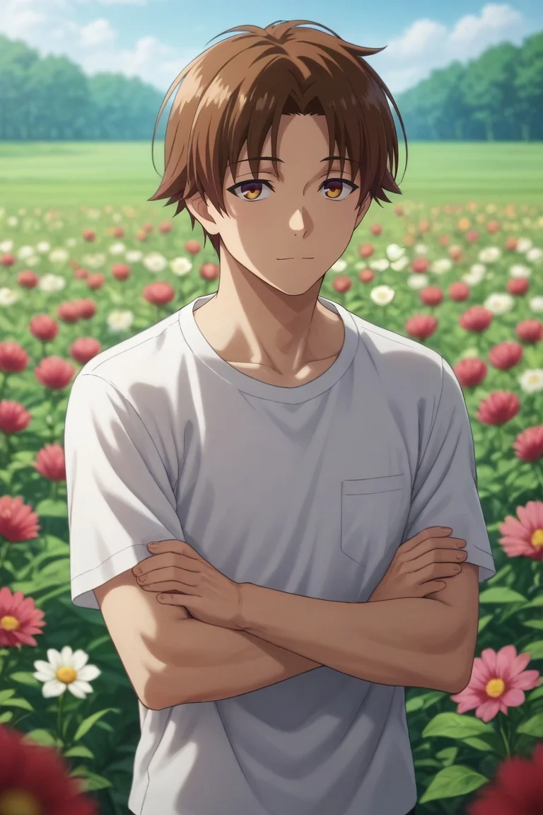 score_9, score_8_up, score_7_up, source_anime, rating_safe, , (photorealistic:0.6), , depth of field, 1boy, solo, male focus, <lora:kiyotaka_ayanokouji_pony:0.86>, kiyotaka_ayanokouji, brown hair, brown eyes, short hair, bangs, parted bangs, asymmetrical, flower field, flowers, night, crescent moon, arms under breasts, light smile, , <lora:sdxl_lightning_8step_lora:1>