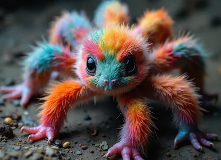 Skittermanders are six-armed, furry creatures measuring 3 feet tall and weighing about 35 pounds. Have short, soft fur in iridescent rainbow colouration.
