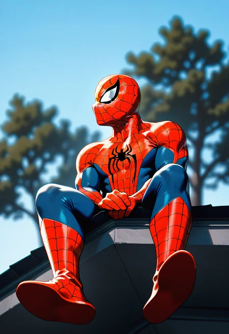 score_9, score_8_up, score_7_up, score_6_up,high quality,masterpiece,uhd,dramatic effect,cinematic effect, mature,
spider-man, bodysuit, boots, gloves, spider web print, superhero costume, 1boy
break,
FHD14_KZ, foot_dangle, hands, blurry background, looking_to_the_side, tree, on_roof, sky,