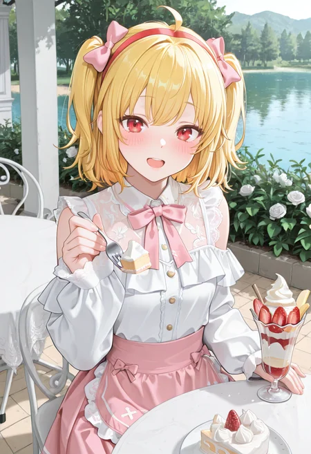 unholy-aesthetic, lazypos, very aesthetic, ultra detailed face, ultra detailed eyes,
<lora:kaelaIL:0.55> kaelaIL, medium hair, red eyes, (yellow hair:1.5), short twintail, slight blush, red headband, ahoge,
dynamic angle, cinematic angle,
1girl, solo,
table, behind table, fork, banana parfait, cup, plates, cake,
garden, flowers, lake, soft light,
<lora:feeding_Illust_v1:0.9> feeding, sitting, incoming food, feeding cake, open mouth, upper body, close up,
<lora:LovelyCatMaidILL:0.65> (pink skirt, maid dress, long sleeves, pink bow, apron, lace trim, hair bow, sleeves past wrists:1.2)