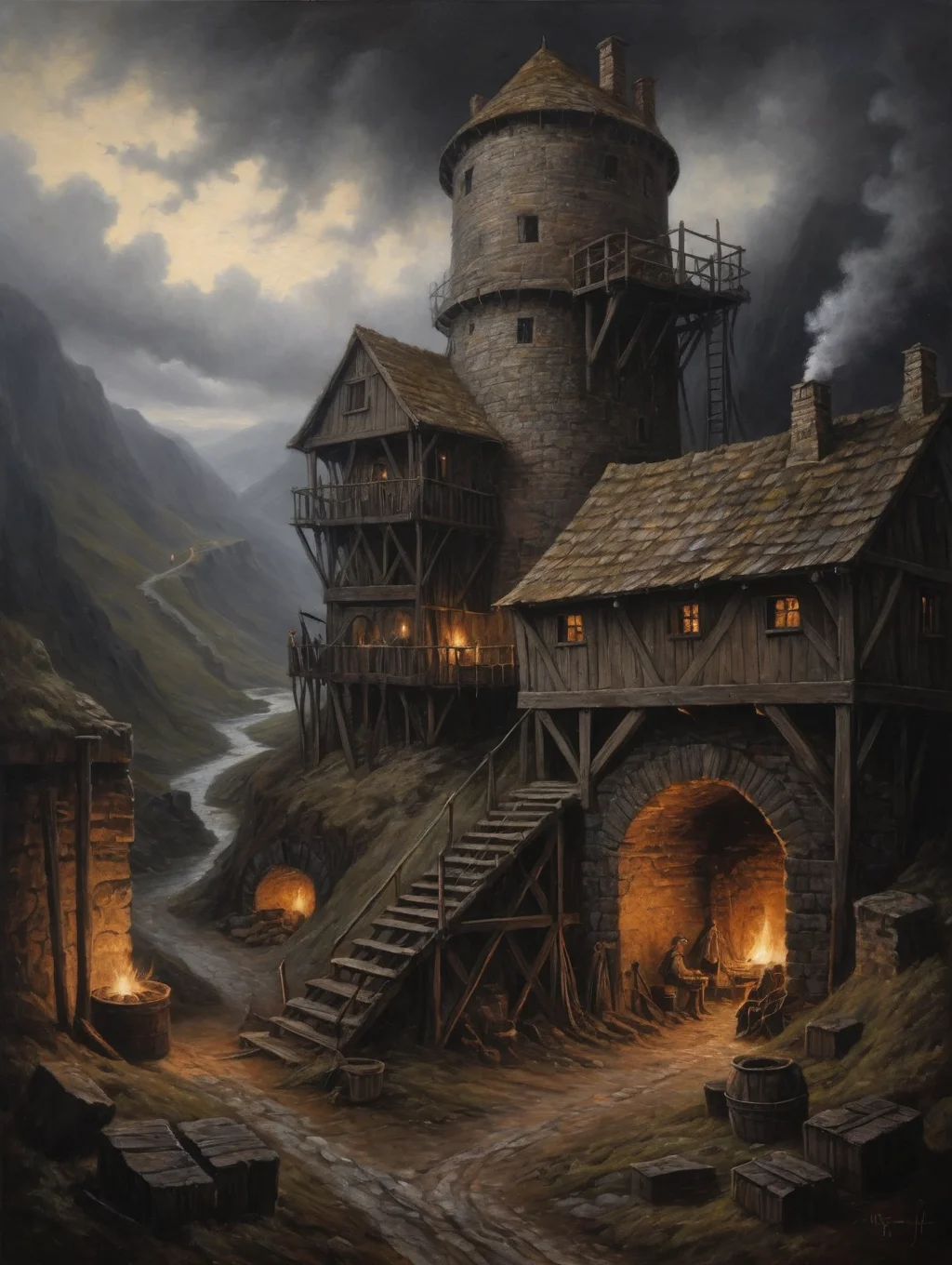 oil painting:1.8,
a medieval mine as night falls.
34K uhd, masterpiece, high detail, 8k, intricate, detailed, high resolution, high res, high quality, <lora:add-detail-xl:1.8>, highly detailed, Extremely high-resolution details, fine texture,