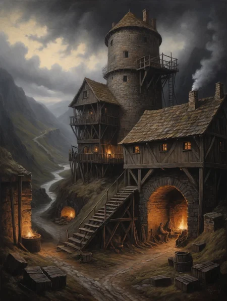 oil painting:1.8,
a medieval mine as night falls.
34K uhd, masterpiece, high detail, 8k, intricate, detailed, high resolution, high res, high quality, <lora:add-detail-xl:1.8>, highly detailed, Extremely high-resolution details, fine texture,