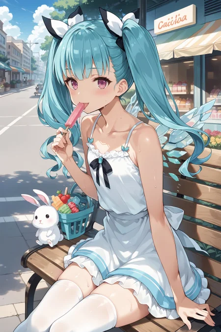 score_max, (score_9, score_8_up, score_7_up:1.2), score_6_up, official art, source_anime,
, masterpiece, absurdres, high detail, 8k,
outdoors, summer, mirage, sweets shop, road, park bench, from side, upper body,
sitting on bench, eating popsicle, hot, sweat, blush, tongue, stuffed rabbit,
ddphibachi, aqua hair, hair bow, twintails, quad tails, whitecamisole, collarbone, sleeveless, miniskirt, white thighhighs, mini wings,
<lora:XL_Pony_gomaotsu-hibachi-t3:1>