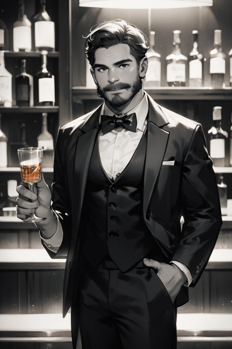 score_9, score_8_up, score_7_up, score_6_up, score_5_up, score_4_up, 1boy, male focus, facial hair, solo, bowtie, mustache, bow, monochrome, formal, cup, looking at viewer, vest, drinking glass, suit, beard, holding, whiskey, greyscale, jacket, alcohol, blurry, bar (place), indoors <lora:Anime Summer Days Style SDXL_LoRA_Pony Diffusion V6 XL:1>