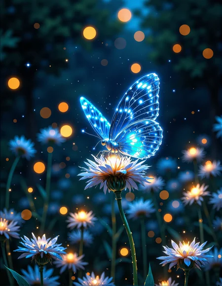 dreamy, magical photograph with a bokeh effect. Picture a transparent butterfly with glowing outlines and spots on its wings, perched on dandelion-like flowers that are also illuminated with a soft glow. The butterfly's wings are delicately veined and seem to be made of glass or crystal. The flowers have fluffy, white seed heads and thin stems. The background is a blurred dark blue night sky, filled with soft, out-of-focus golden lights, creating a bokeh effect. The lighting is soft, warm, and magical, making the butterfly and flowers appear to be gently glowing in the dark, <lora:Vibrantly_sharp_style_v.2:0.8>, <lora:Cozy_Paradise:0.7>, <lora:FluxMythR3alisticF:0.6>