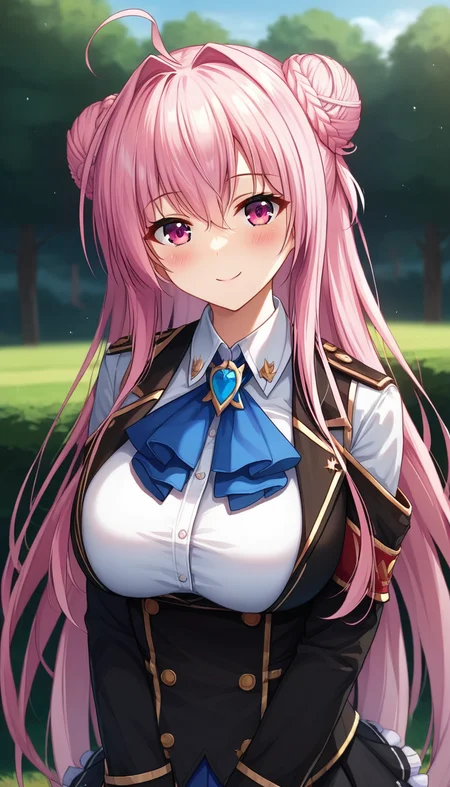 score_9,score_8_up,masterpiece,best quality,correct anatomy,anime_source,1girl,solo,perfect eyes,perfect arms,perfect legs,perfect face,outdoors,upper body,(portrait:1.5),looking at viewer,facing viewer,smile,blush,Remiliera Retiaheart,ahoge,very long hair,pink hair,hair intakes,double bun,sidelocks,hair between eyes,bangs,pink eyes,uniform,blue ascot,black vest,white shirt,collared shirt,long sleeves shirt,large breasts,black thighhighs,miniskirt,black skirt,frilled skirt,garter straps,pleated skirt,black thighhighs,zettai ryouiki,loafers,black footwear,<lora:Remiliera Retiaheart(uq)-Pony:1.2>,