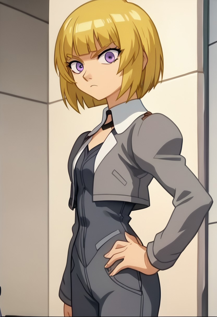 score_7, high_resolution, hyper_detail, finely_detailed,anime_screencap, traditional_media,detailed face,chris, 1girl, hand on hip, purple eyes, blonde hair, solo, short hair, cropped jacket, bangs, blunt bangs, long sleeves, pants, gray jacket  bob cut, closed mouth