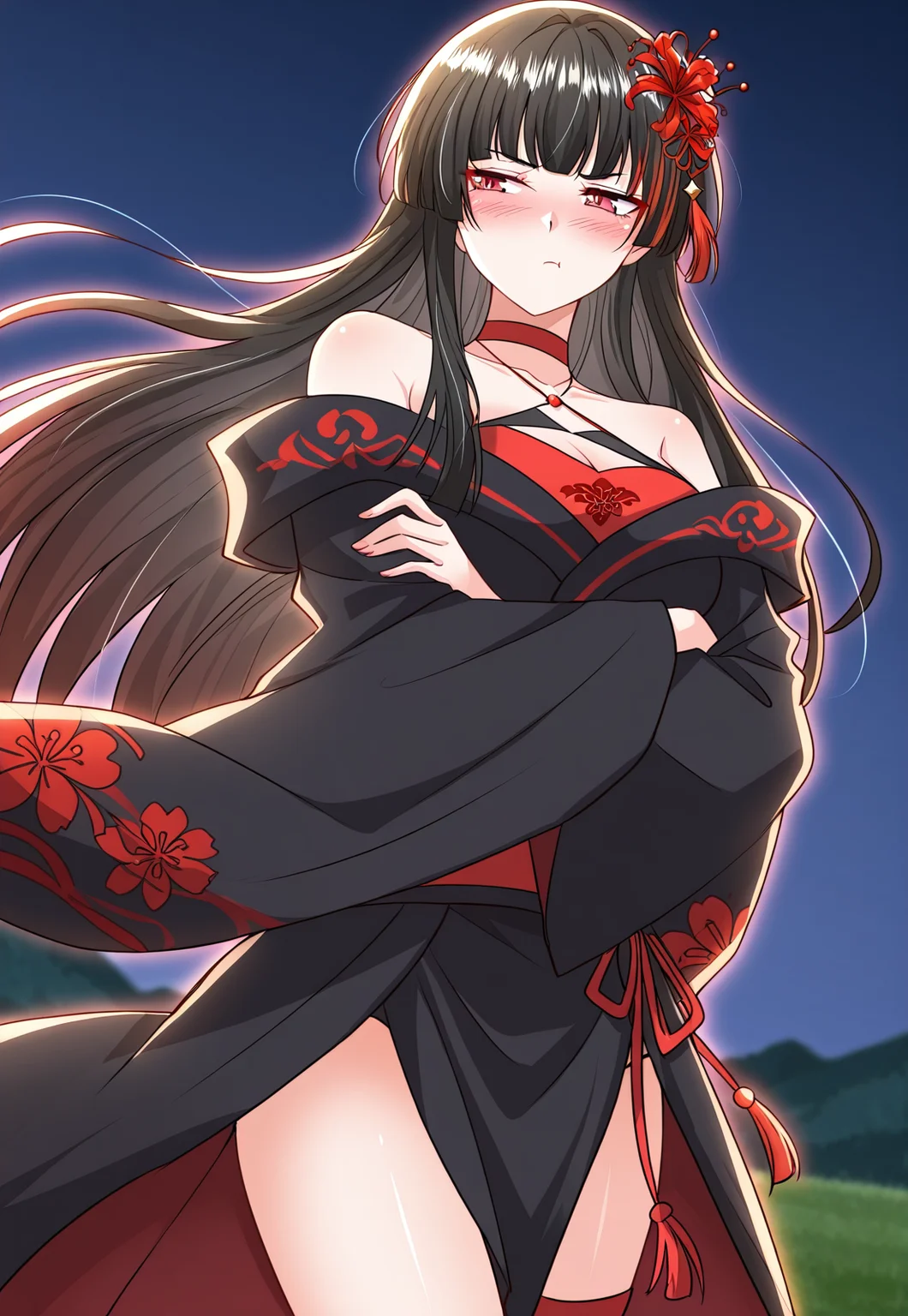 <lora:It_Starts_With_The_Confession_To_The_Beauty_Master__Xie_Ji:1>
1 girl, solo, long hair, straight hair, black hair, red eyes, full fringe,red flower hair ornament, tassel hairpin,
black and red kimono dress, sleeveless, dedached sleeves, wide sleeves, bare sholders, collarbone, cleavage, high slit, red belt sash, floral patterns, criss-cross straps,
red lace-up sandals, thigh strap, leg wraps,
score_9, score_8_up, score_7_up, very aesthetic, source_anime, detailed, high quality, beautiful, masterpiece, detailed eyes, field, blurry background, pose dynamic angle, upper body, cowboy shot, floating hair, half-closed eyes, arms crossed, looking to the side, pouting, sulking, embarrassed, night,