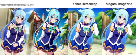 masterpiece,absurdres, highres, 1girl,,medium breasts,,standing blue sky,,<lora:mgmmzillustrious01:0.95>,,kono subarashii sekai ni shukufuku wo!,aqua \(konosuba\), small body, large head,,short legs,cowboy shot,clothes