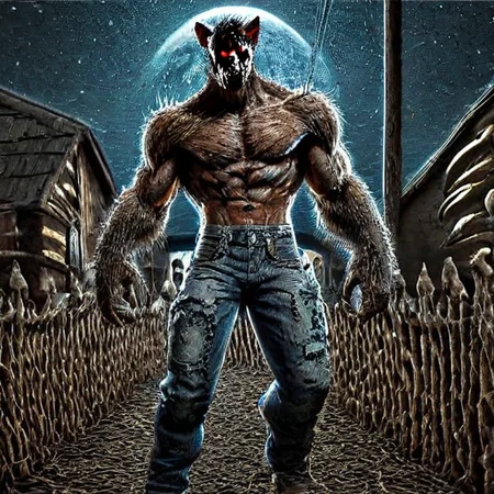 <lora:Monsters_and_elementals:2>moon, 2 moons, two moons, werewolf, 1boy, night, full moon, sky, star (sky), topless male, male focus, solo, night sky, tail, building, starry sky, abs, muscular, furry, outdoors, claws, house, animal ears, window, furry male, pants, glowing moon, a werewolf, highly detailed, standing in a menacing pose, muscular physique, covered in fur, fur is dark and matted, sharp claws on both hands and feet, glowing red eyes, intense and fierce expression, long sharp teeth, snarling, mouth open showing fangs, wearing tattered jeans, jeans ripped and frayed, standing under a bright full moon, moon is large and luminous, moonlight casting shadows on the werewolf, night sky filled with stars, stars twinkling, large farmhouse in the background, farmhouse has wooden planks and a tin roof, windows of the farmhouse illuminated with warm light, wooden barn next to the farmhouse, barn door slightly open, cornfield to the left of the werewolf, cornstalks tall and dense, wooden fence along the path in front of the werewolf, fence is old and weathered, silo to the left of the farmhouse, silo is tall and cylindrical, misty atmosphere adding an eerie effect, dynamic lighting highlighting the werewolf's muscles and fur, shadows adding depth and realism, vibrant colors, high resolution textures, lifelike environment, detailed ground with grass and dirt, overall scene is atmospheric and dramatic, black jeans,