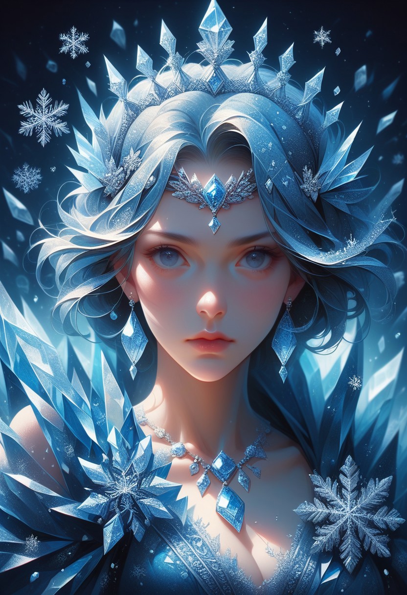 score_9, score_8, score_7, 1ce, ice, 1girl, tiara, diadem, gem, crystal, snowflakes, blue theme,