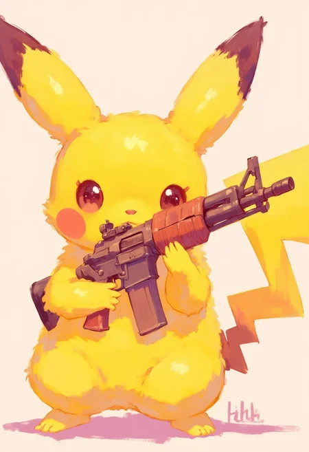Pikachu with an assault rifle,soft pastel anime