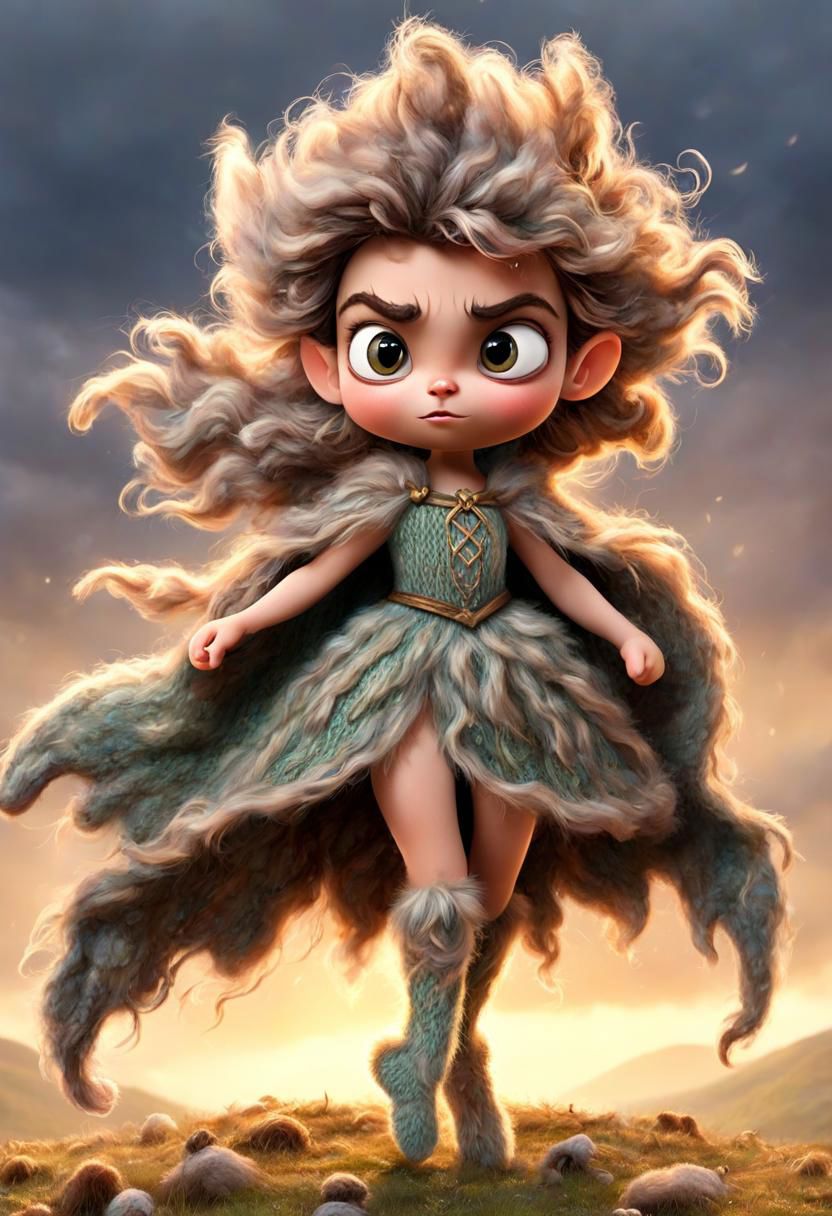 Fairy Like adorable petite female skinny little princess by Antoine de Saint-Exupery, fighting stance, furry, very wooly, Large eyes, fuzzy furry like, Long hairy fluffy, devouring, blushed seducing shy angry Look from beneath, knitted hairband and knitted Wooly stockings, fists up, Cape and Hair in Wind, Wind Vortex, tanslucent, levitating planet