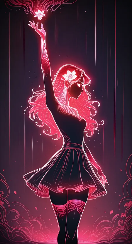 masterpiece, best quality, good quality, very aesthetic, absurdres, newest, (Perfect details),(****), 1girl, solo, long hair, skirt, hair ornament, thighhighs, medium breasts, flower, hair flower, miniskirt, arm up, zettai ryouiki, profile, hair down, dark, glowing hair, Colorful glowing lines,
limited palette, sketch, glowing, psychedelic, black theme <lora:ponyv5_noobE11_1_adamW-000013:0.7> <lora:Navi_LustStrokes_IL:0.8>