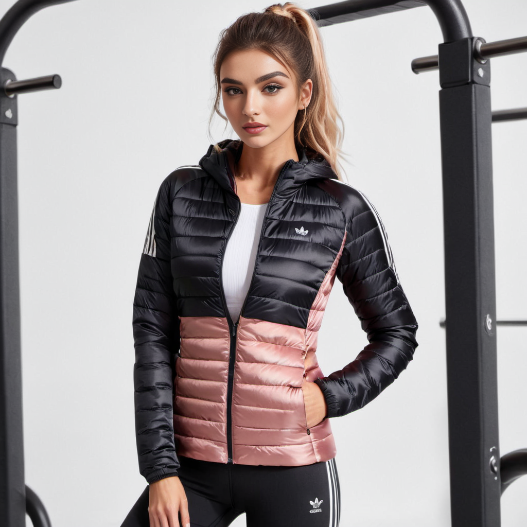 slim skinny cute  irish women wearing  spandex_leggings and satin_teeshirt and black adidas_puffer jacket,  
  realistic,leaning forward, gym scene
 <lora:spandex_leggings_v1:0.4> <lora:satin_teeshirt_v1:0.6>  <lora:adidas_puffer_jacket_v1:0.7>