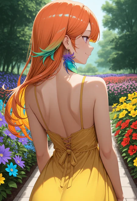 masterpiece, best quality, 1girl, solo, T4kanashiK1ara, purple eyes, multicolored hair, orange hair, green hair, long hair, feather earrings, from behind, outdoors, garden, flower, red flower, blue flower, purple flower, yellow flower, looking back, yellow sundress, shoulder blades, sleeveless, smile, <lora:ChamTakanashiKiaraNoob:1>