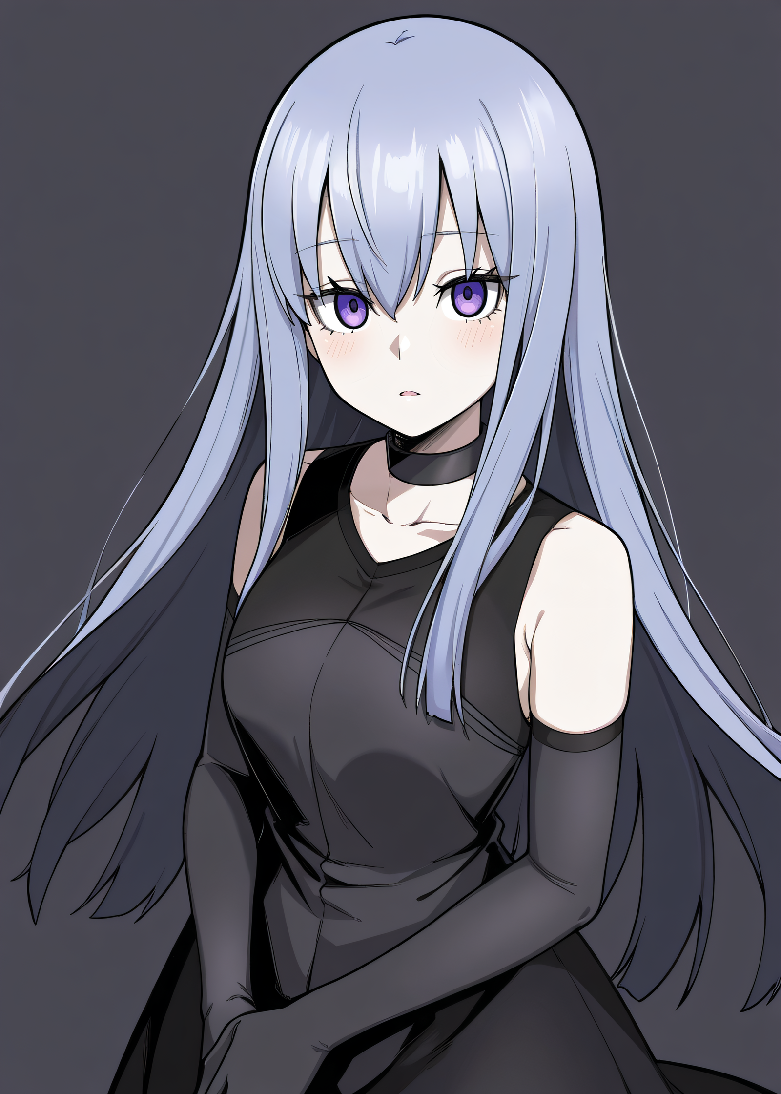 masterpiece, best quality, highres, newest, scenary, 1girl, solo, official style, <lora:Close:1>, liberatorclose, black choker, black sleeveless dress, black elbow gloves, expressionless, looking at viewer, own hands together, blush, open mouth, cowboy shot, simple background