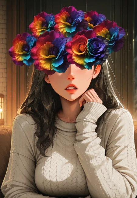solo, portrait, upper body,
flower over eyes, knit sweater, long sleeves, sleeves past wrists, dark hair, long hair, parted lips, pensive,
detailed background, safe, best quality, absurdres