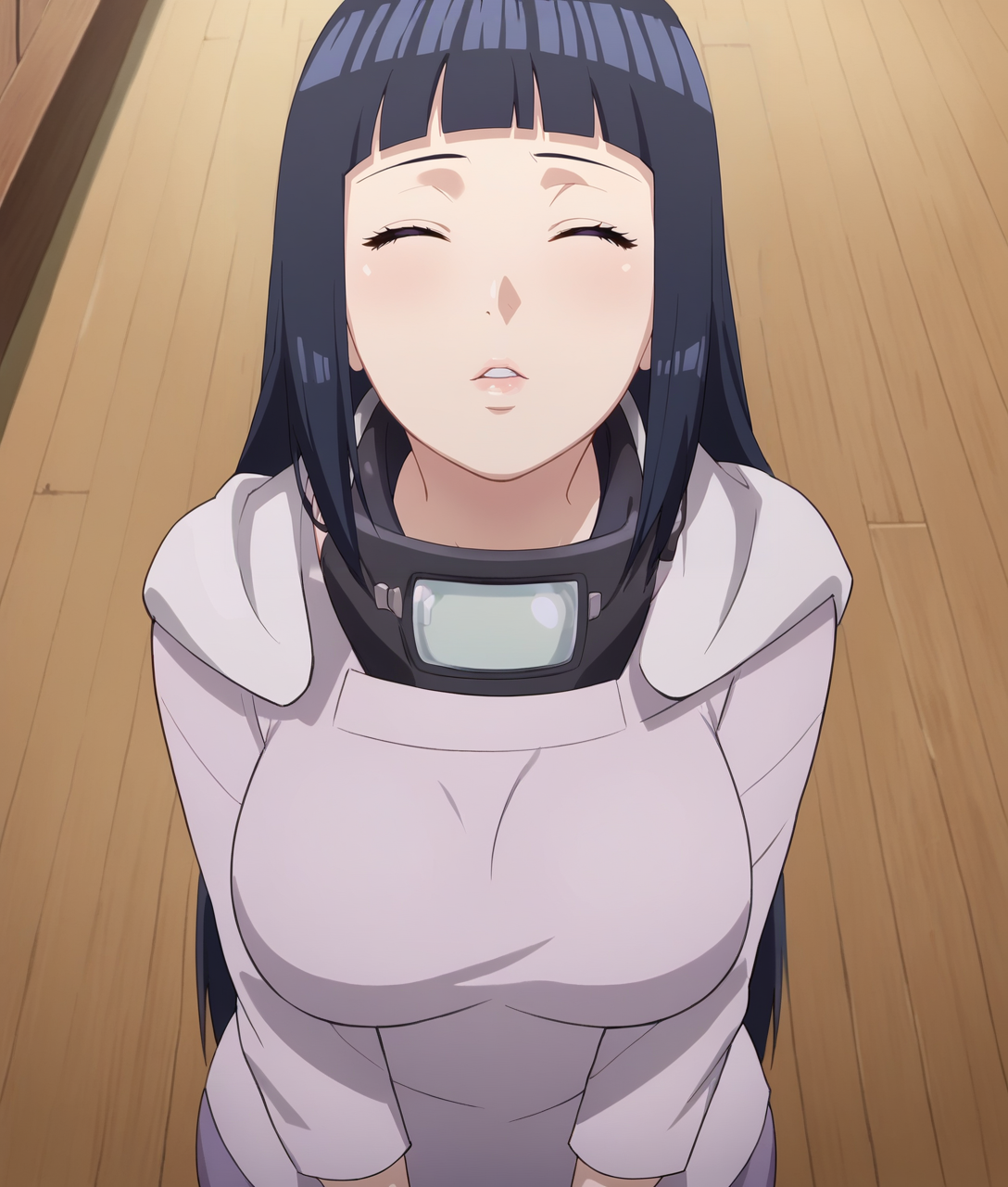 score_9, 1girl,solo,  <lora:Incom_Pony:0.6> incom, closed eyes, facing viewer, parted lips,from above, cowboy shot,large breasts, <lora:Hinata_Pony_XL:0.9> ,(hinata, hyuuga hinata, purple eyes, blunt bangs, black hair)