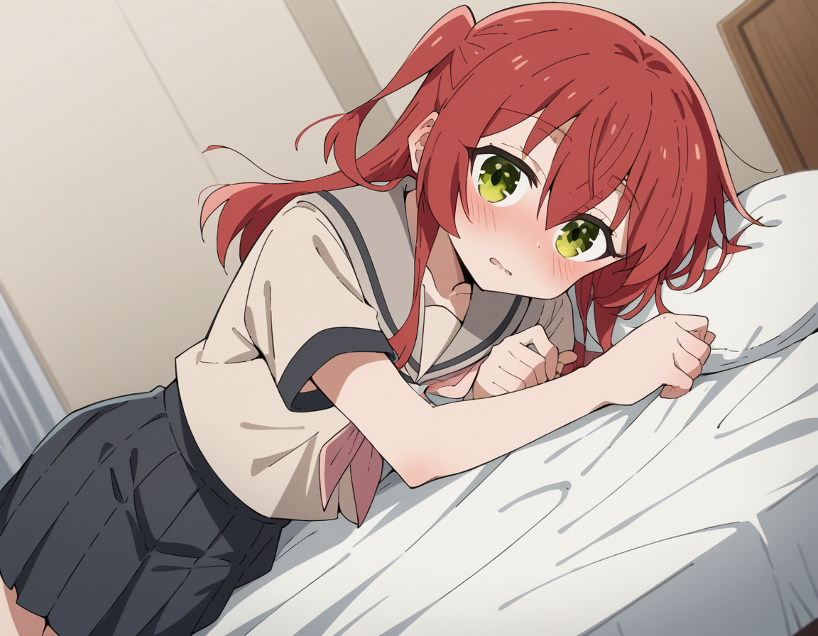 score_9, score_8_up, score_7_up, source_anime,
kitaikuyo, <lora:ikuyo-kita-s1-ponyxl-lora-nochekaiser:1>,
ikuyo kita, green eyes, hair between eyes, long hair, one side up, red hair,
black skirt, grey sailor collar, pleated skirt, sailor collar, school uniform, short sleeves, shuka high school uniform, skirt,
indoors, bed, bed room, on side, blush, drunk,
cowboy shot, solo, dutch angle, looking at viewer,