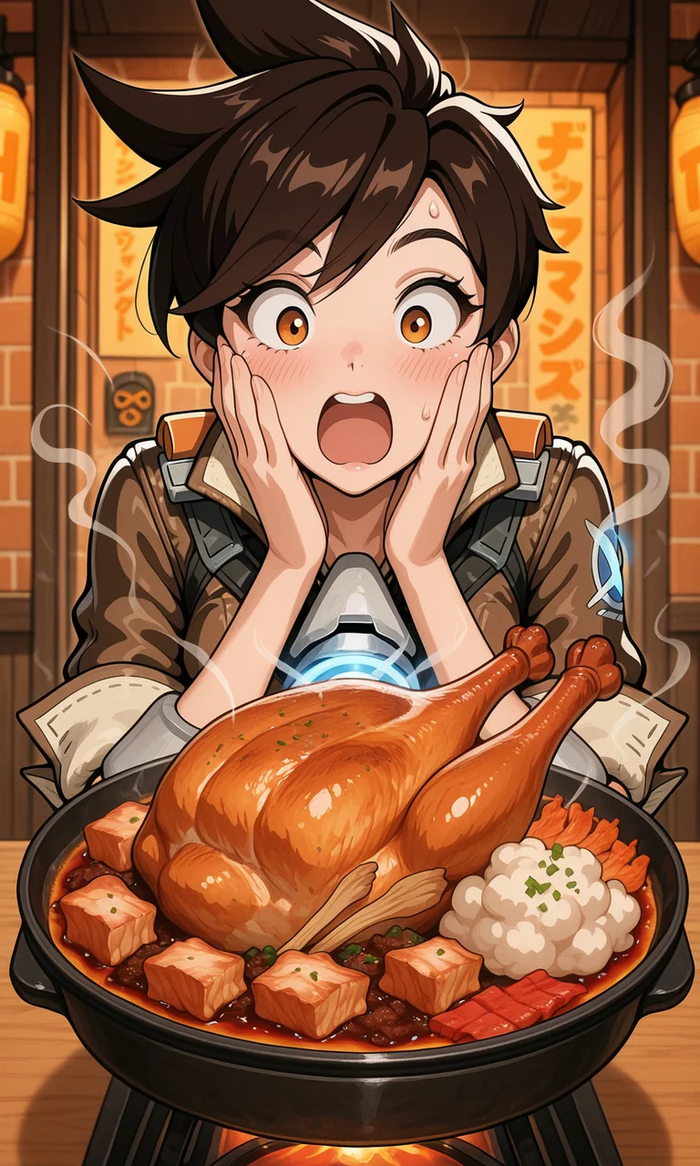 embedding:IllusP0s, delicious food, surprised, hands on own face, food focus, tracer_\(overwatch\), turkey, stuffing, 1girl, hot food, steam,<lora:delicious food_illustrious.safetensors:1.0:1.0>