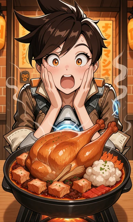 embedding:IllusP0s, delicious food, surprised, hands on own face, food focus, tracer_\(overwatch\), turkey, stuffing, 1girl, hot food, steam,<lora:delicious food_illustrious.safetensors:1.0:1.0>