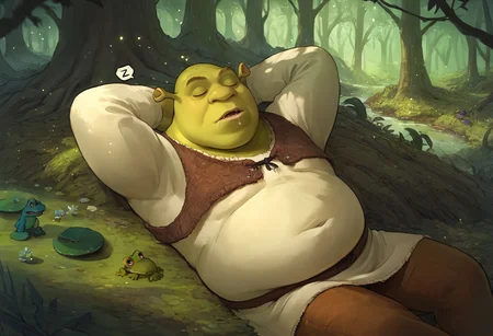 score_9, score_7_up BREAK outdoors,swamp,forest,dapled sunlight,male focus,shrek, green skin,plump,on back,sleeping,mouth open,drool,spoken zzz,light particles,moss,flowers,frogs,hands behind head,reclining <lora:csr_pd_glora_t1:1> <lora:Shrek_XLPD:0.8>