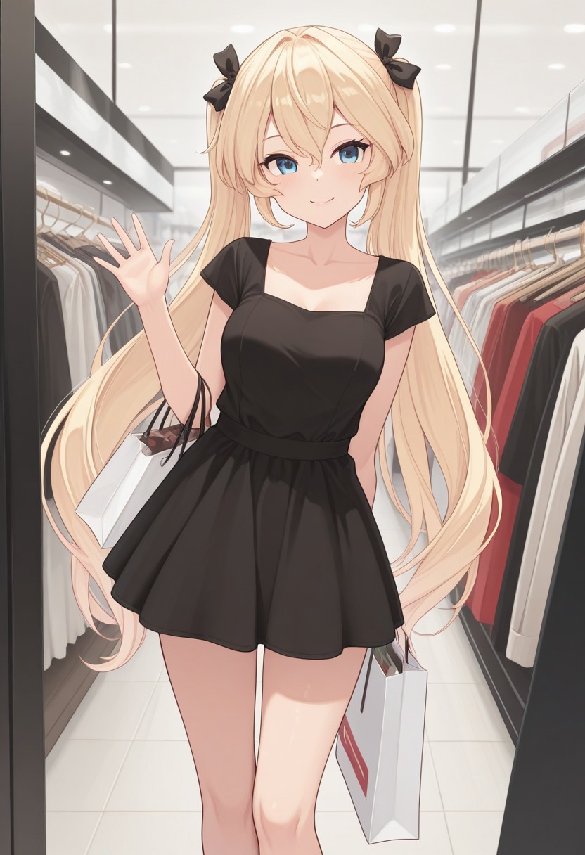 masterpiece, best quality, absurdres,
1girl, Mao, blonde hair, long twintails, black mini-dress, shopping, looking at clothes, clothing store, smiling, shopping bags,