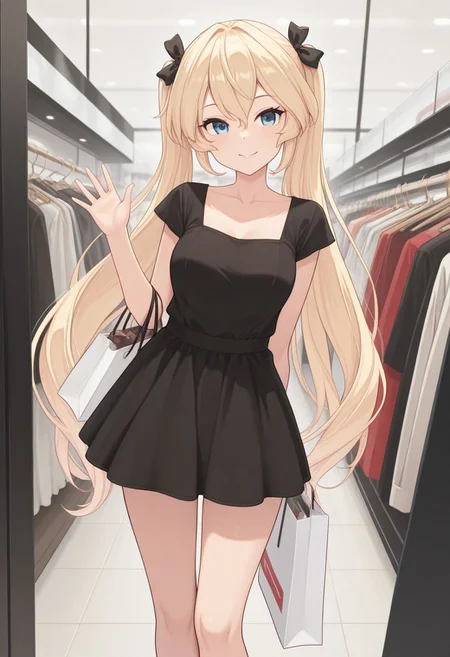 masterpiece, best quality, absurdres,
1girl, Mao, blonde hair, long twintails, black mini-dress, shopping, looking at clothes, clothing store, smiling, shopping bags,