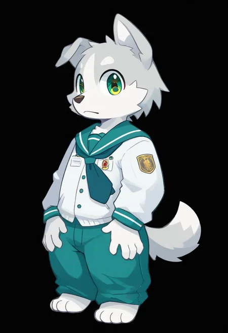 score_9, score_8_up, male, solo, full body, digital art, highly detailed, <lora:CuteMixPDv4:1>, zPDXL2, zPDXLpg, zPDXL, muscular, dog, green trousers, white shirt, no background, simple background, black background, standing posture, big eyes, large pupil, hands on thighs, look at viewer, school uniform, senior high school uniform, natural dog ears, white fur, white body