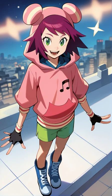 score_9,score_8_up,score_7_up,
<lora:soniastrumm:0.8>,
misorahibiki,
(realistic:1.2),highres,
1girl,solo,
purple hair,short hair,bangs,
green eyes,looking at viewer,
open smile,
bear ears hooded hat,pink sweatshirt,a musical note printed on the hoodie,
long fingerless gloves,
green shorts,
blue boots,
full body,above,standing on roof of skyscraper,
blurry background,outdoors,night,starry background,shooting star,starry night,bloom,light particles,lens flare,cloud,lens flare abuse,planet,cityscape,