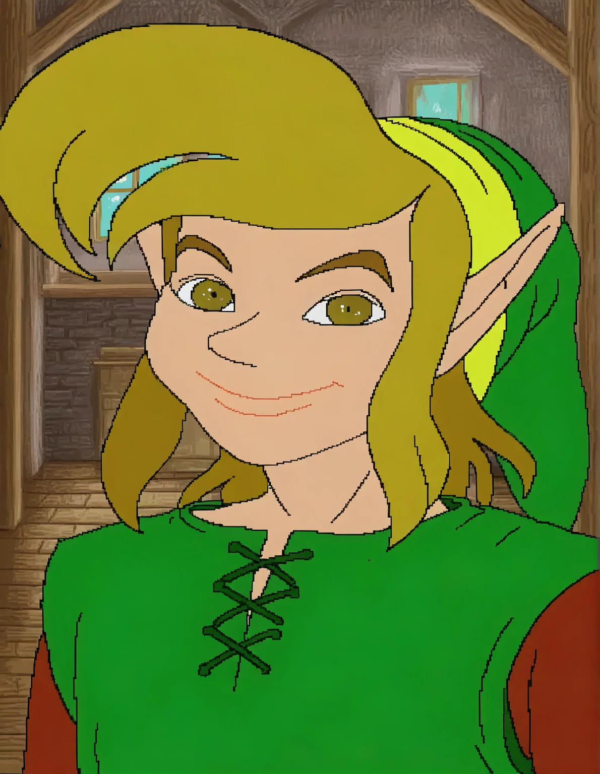 <lora:cdi-style_vpred-noobaiv10_:1>, cdi style, indoors, flat colors, 1boy, solo, link, legend of zelda, looking at viewer, portrait, smile, closed mouth, green tunic, brown shirt, oekakiâââ