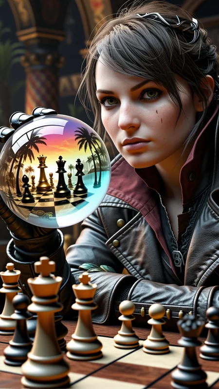 (epic:1.2), trending on artstation, (high quality:1.2), (masterpiece:1.2), high details, incredibly absurdres, colorful), (Leonard Boyarsky Style:1.17), (Cyberpunk:1.27), (melancholy:1.25), (quirky:1.16), (Fantasy Art:1.33), (Outsider Art:1.25), (low_angle:1.36) (telephoto shot:1.14) ,, (character: Assassin's Creed Syndicate, (Evie Frye:1.16)), detailed eyes, perfect eyes, Proper Anatomy,  , (color scheme:(iridescent:1.33)),(object:Board Game Pieces, (chessboard:1.24) (liquid glass sphere:1.21) ( split depth:1.36)), (location:(desert, palm trees, cati:1.27))