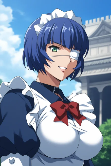 score_9, score_8_up, score_7_up, score_6_up, score_5_up, source_anime, rating_safe, medium breasts, outdoors, temple, 1girl, solo, looking at viewer, <lora:age_slider_v4:3>, (upper body:1.2), (dynamic pose:1.2), ryomou shimei, blue hair, short hair, green eyes, eyepatch, ryomoumaid, maid headdress, belt collar, red bowtie, maid apron, blue dress, blue gloves, white thighhighs, blue boots, <lora:Shimei_Ryomou:0.8>, smile, fist