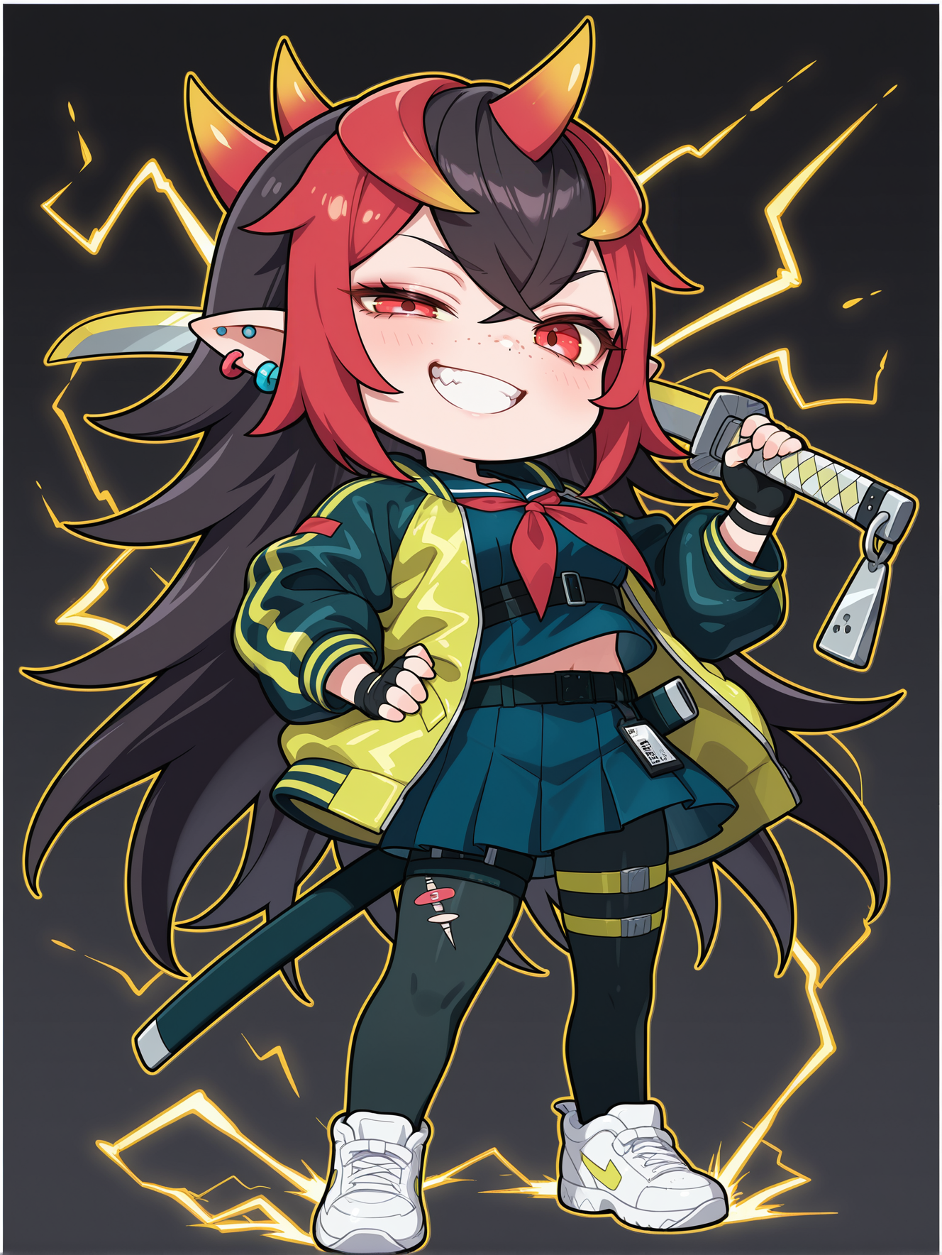 you're finished, oni girl, 1girl, solo, katana, holding katana, sword over shoulder, half-closed eye, smile, freckles, looking at viewer, electricity, lightning, full body, grin, chibi, midriff, ear piercing, yellow jacket, blue serafuku, red neckerchief, blue pleated skirt, black fingerless gloves, black pantyhose, scabbard, white border, yellow sneakers,
masterpiece,best quality,amazing quality,very aesthetic,absurdres,newest,<lora:You're Finished illusXL v1:0.74>,