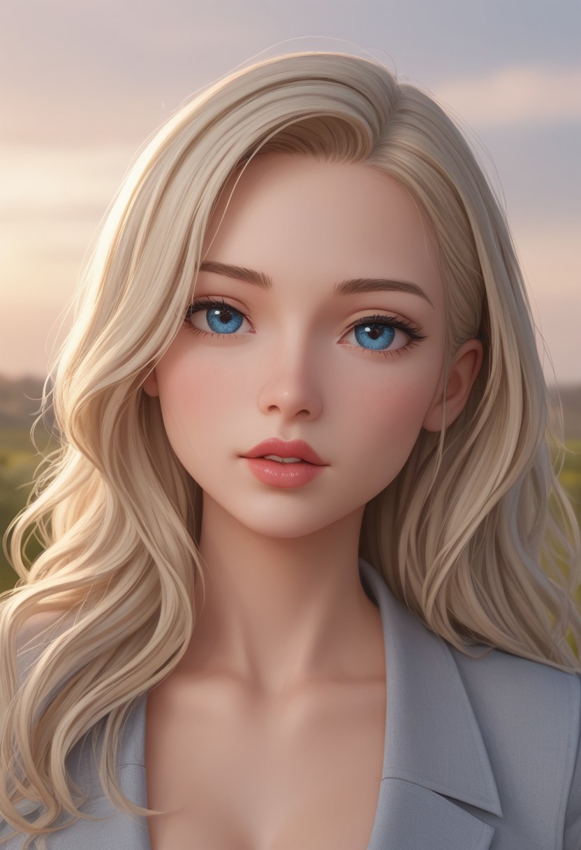 fashion photography portrait of blonde Noble Lady, blue eyes, blue and grey robes, large breasts, heart shaped lips, luscious red lips, in lush field with flowers and birds, 3d render, cgi, symetrical, octane render, 35mm, bokeh, 9:16, (intricate details:1.12), hdr, (intricate details, hyperdetailed:1.15), (natural skin texture, hyperrealism, soft light, sharp:1.2)