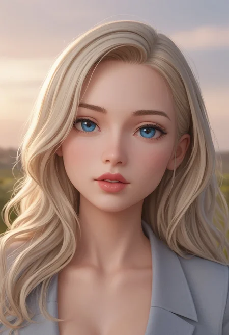 fashion photography portrait of blonde Noble Lady, blue eyes, blue and grey robes, large breasts, heart shaped lips, luscious red lips, in lush field with flowers and birds, 3d render, cgi, symetrical, octane render, 35mm, bokeh, 9:16, (intricate details:1.12), hdr, (intricate details, hyperdetailed:1.15), (natural skin texture, hyperrealism, soft light, sharp:1.2)