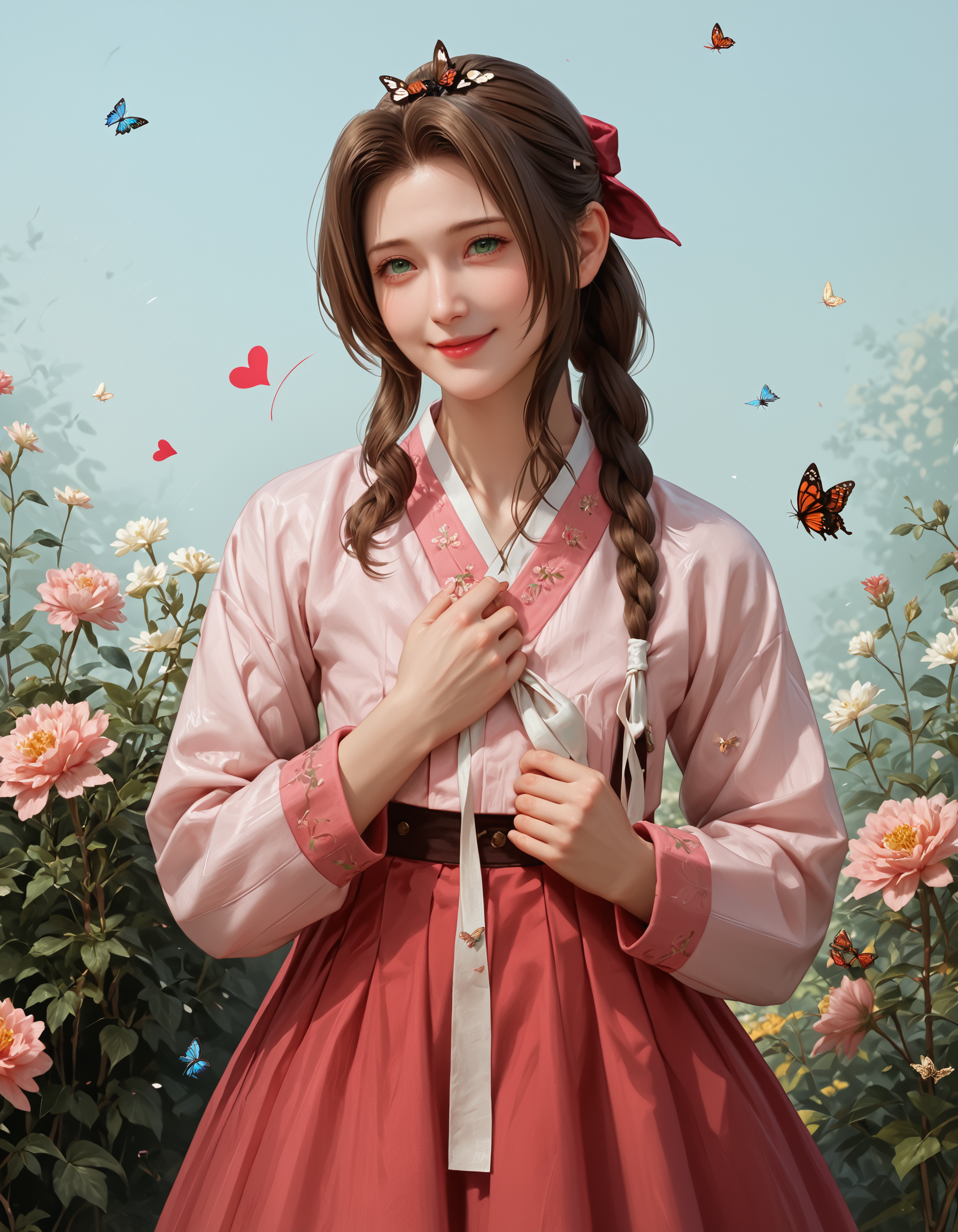 score_9, score_8_up, score_7_up, score_6_up, score_9, score_8_up, score_7_up, score_6_up, anime, cartoon, 1girl, pink hanbok, white ribbon, red skirt, aerith gainsborough, final fantasy, single braid, pink hairbow, smiling, (green eyes:0.5), head tilt, hearts, flowers, long sleeves, butterfly, slim, curvy, very clear image, detailed face, detailed character design, ultra-high resolution, perfectly composed, clear, breathtaking attention to detail, highres, ultra detail, 8k wallpaper,