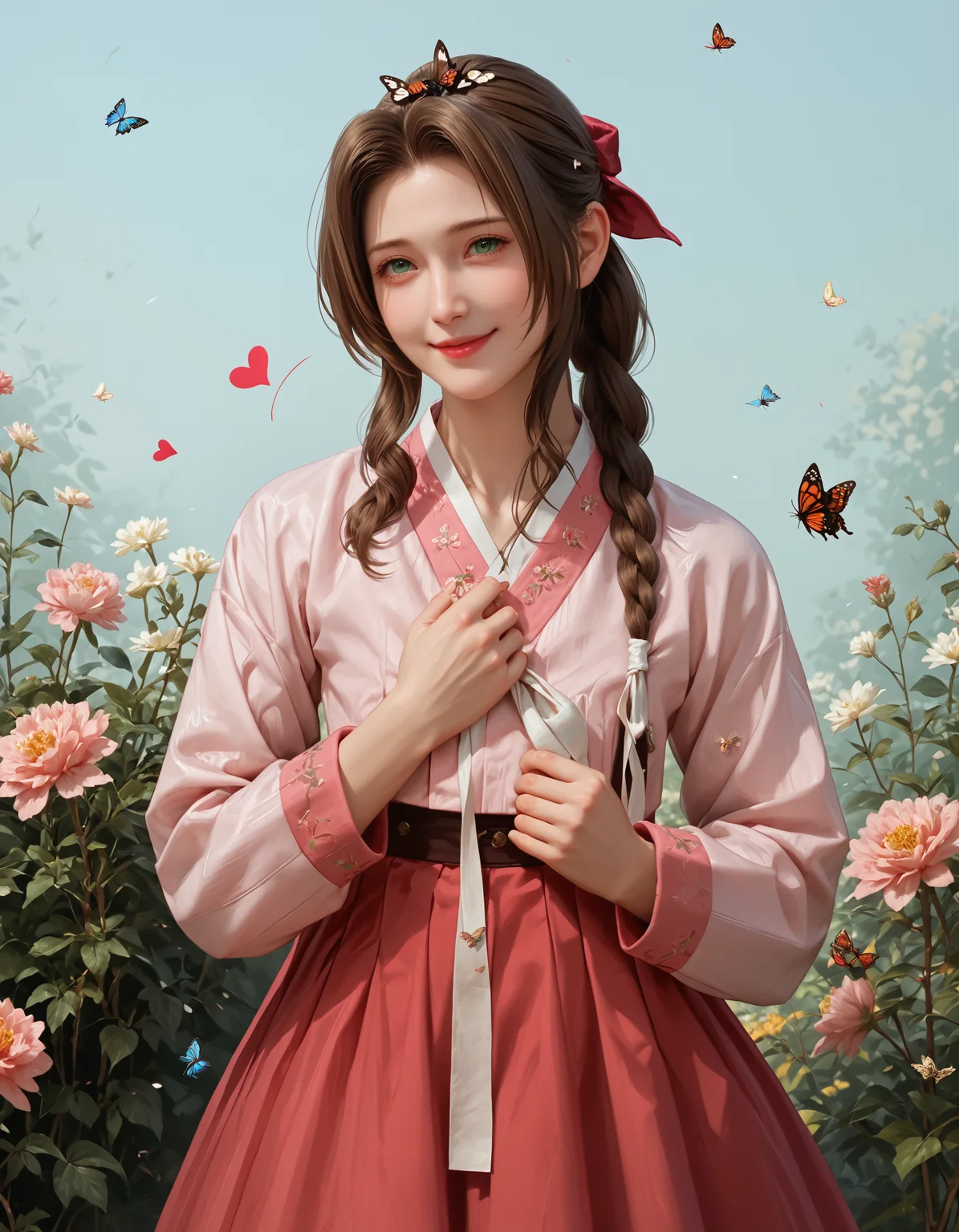 score_9, score_8_up, score_7_up, score_6_up, score_9, score_8_up, score_7_up, score_6_up, anime, cartoon, 1girl, pink hanbok, white ribbon, red skirt, aerith gainsborough, final fantasy, single braid, pink hairbow, smiling, (green eyes:0.5), head tilt, hearts, flowers, long sleeves, butterfly, slim, curvy, very clear image, detailed face, detailed character design, ultra-high resolution, perfectly composed, clear, breathtaking attention to detail, highres, ultra detail, 8k wallpaper,
