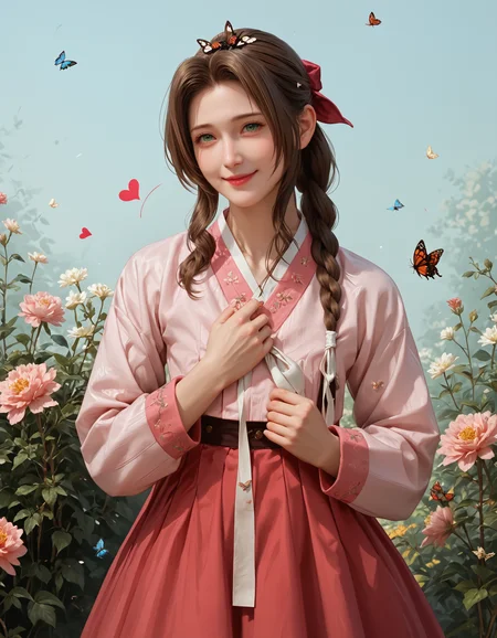 score_9, score_8_up, score_7_up, score_6_up, score_9, score_8_up, score_7_up, score_6_up, anime, cartoon, 1girl, pink hanbok, white ribbon, red skirt, aerith gainsborough, final fantasy, single braid, pink hairbow, smiling, (green eyes:0.5), head tilt, hearts, flowers, long sleeves, butterfly, slim, curvy, very clear image, detailed face, detailed character design, ultra-high resolution, perfectly composed, clear, breathtaking attention to detail, highres, ultra detail, 8k wallpaper,