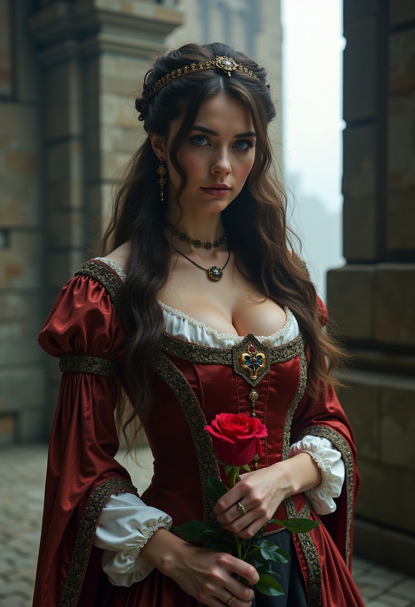 Photorealistic depiction of a beautiful european woman. She has long wavy hair, deep blue eyes and delicate facial features. Full body view. Narrow waist, large breasts, senzual gaze, looking at the viewer. She's a renaissance queen holding a rose in her hand. She is standind in a tall castle, directional light, atmospheric, eerie.