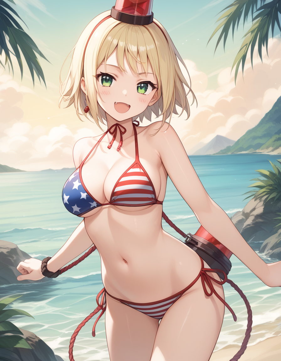 patoranran, blonde hair, green eyes, short hair,  blush stickers, large breasts, fang
american flag bikini, side-tie bikini bottom,  
 <lora:patoranran_pony_v2:1>
standing, dynamic pose ,
open mouth, blush,light smile
looking at viewer,(cowboy shot,:1.3),
 outdoors, beach, score_9, score_8_up, score_7_up, score_6_up, BREAK source_anime, best quality,very aesthetic, zPDXL2,official art,1girl, solo,