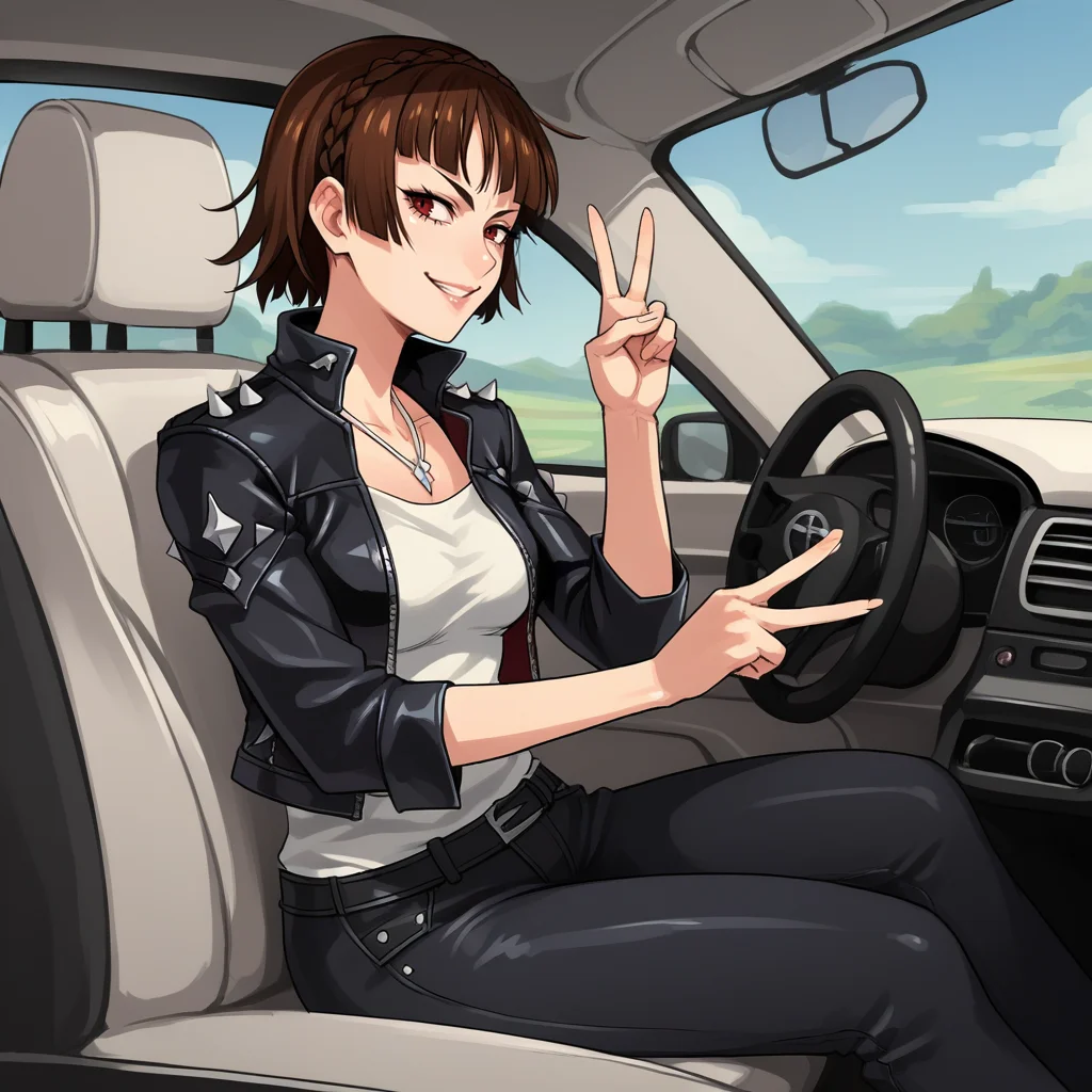 score_9, score_8_up, score_7_up, score_6_up, score_5_up, score_4_up, zPDXL2,source_anime,rating_questionable,1girl, solo,  <lora:Driving:0.8> dr1v3, car interior, motor vehicle, steering wheel, driving, sitting, makoto nijima, leather jacket, open jacket, white shirt, necklace, black pants, peace sign, smirk,