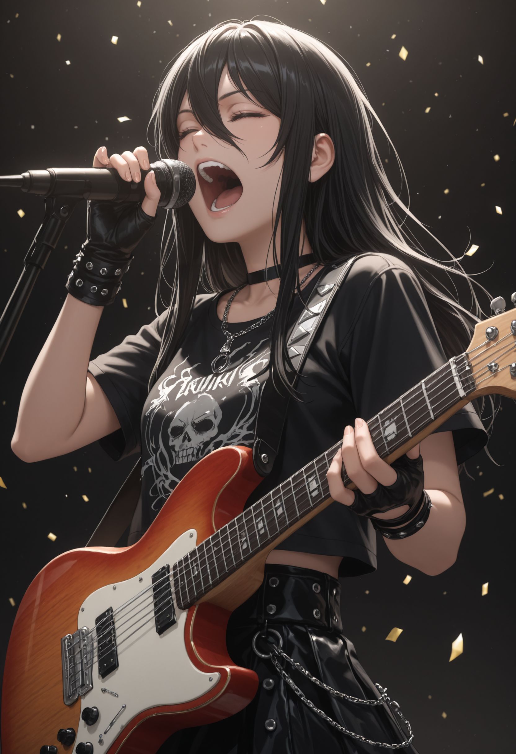 masterpiece, best quality, newest, (realistic:0.5), solo, looking at viewer,
 <lora:Seike Taroumarui Illu :1> 1girl, black hair, long hair, hair between eyes,  
holding instrument, music, microphone stand, electric guitar, fingerless gloves, black shirt, playing instrument, official alternate costume, jewelry, singing, open mouth, black background, necklace, punk leather skirt, confetti, live concert, rock music, metal music, headbanging, holding microphone, closed eyes, screaming, spot light,