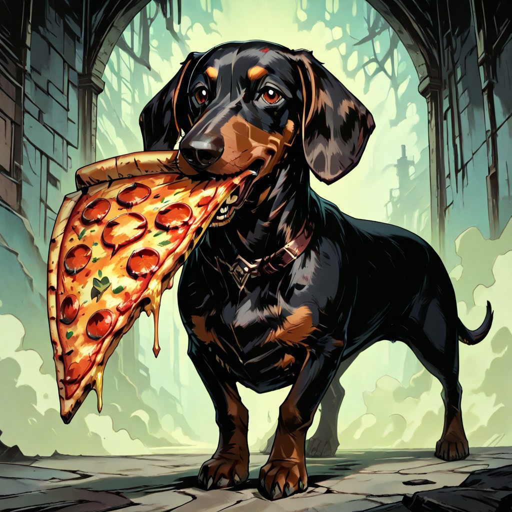 masterpiece, best quality, newest, absurdres, highres, TTCSV1.0, DSV1.1-IL, dachshund, dog, animal focus, animal, DSV1.1-IL-PizzaDog, pizza, food,