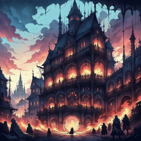 score_9, score_8_up, score_7_up, source_anime, ((masterpiece, best quality)), sketch art of a walled city of an alien world surrounded by fire