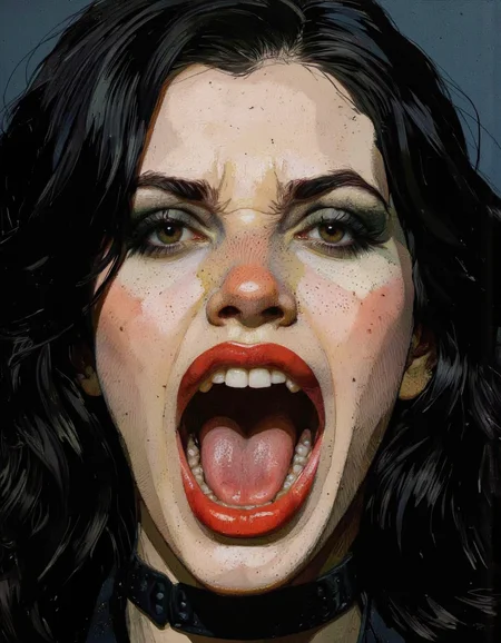 Tony Rodriguez style. A dramatic close up portrait of a alluringly beautiful female vampire with pale skin, dark eye makeup, and  glossy red lips. She has long, wavy black hair and is wearing a black, gothic-style outfit. The image is taken from a close-up, low-angle perspective, emphasizing her open mouth with sharp teeth and (vampiric fangs:1.5). <lora:Tony_Rodriguez_7:0.85>